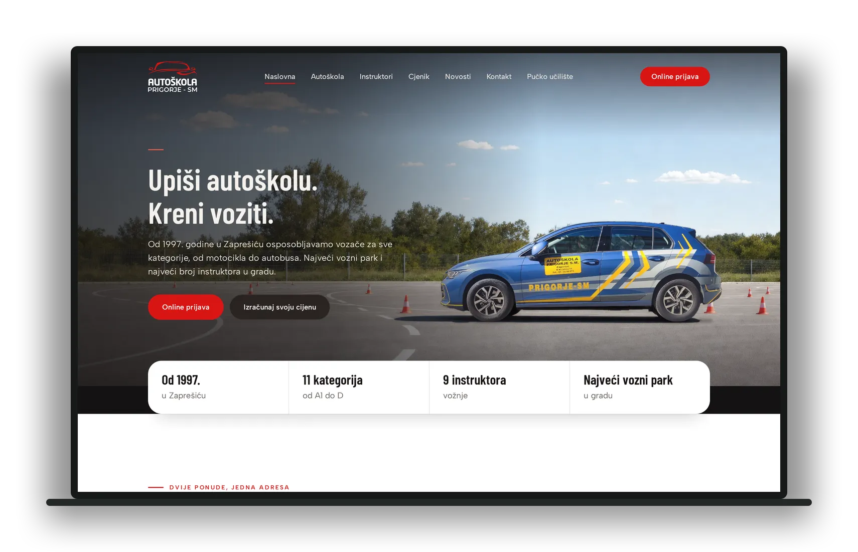 Naslovna stranica Autoškola Prigorje SM prikazana na laptopu