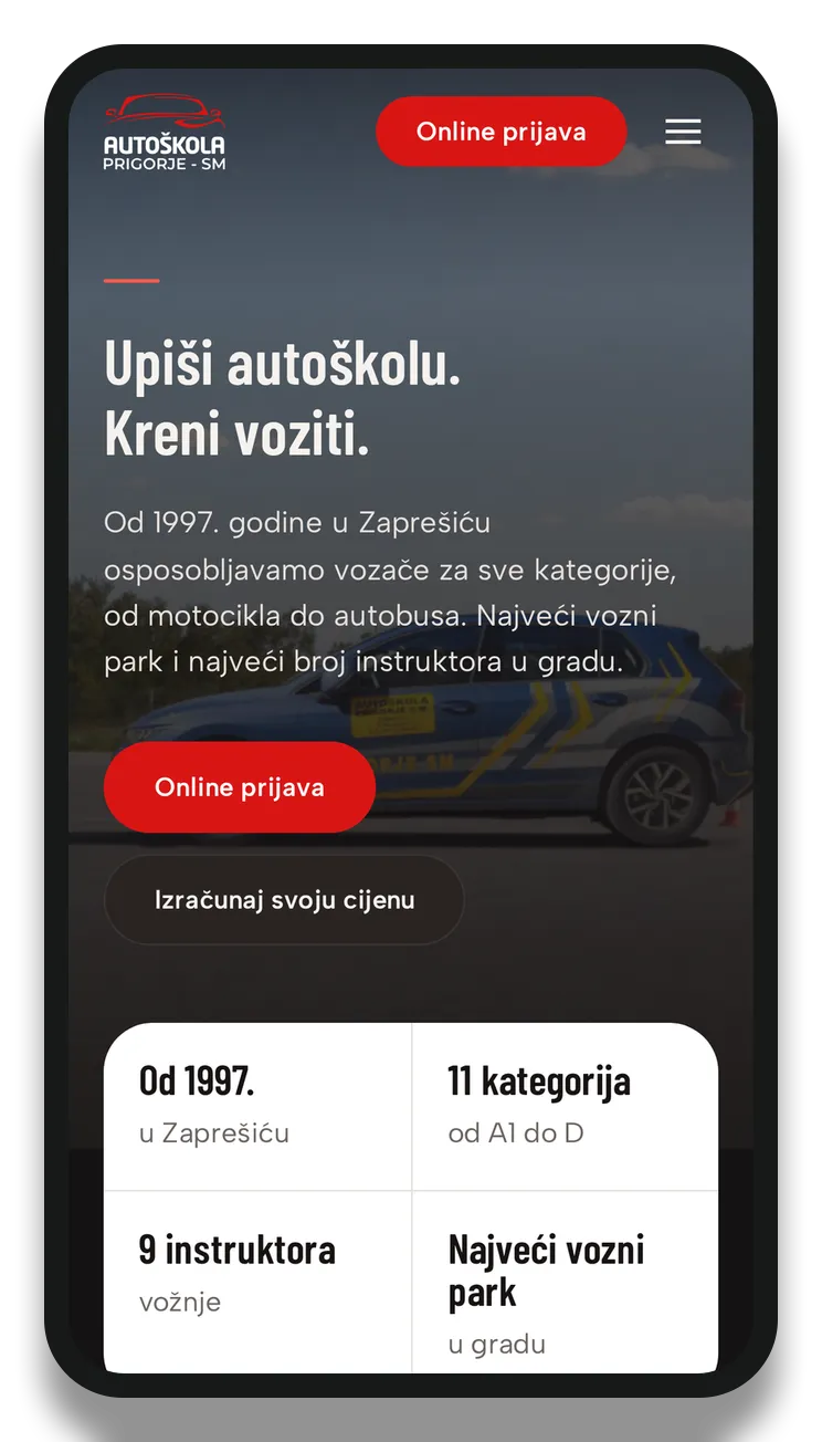 Naslovna stranica Autoškola Prigorje SM prikazana na mobitelu