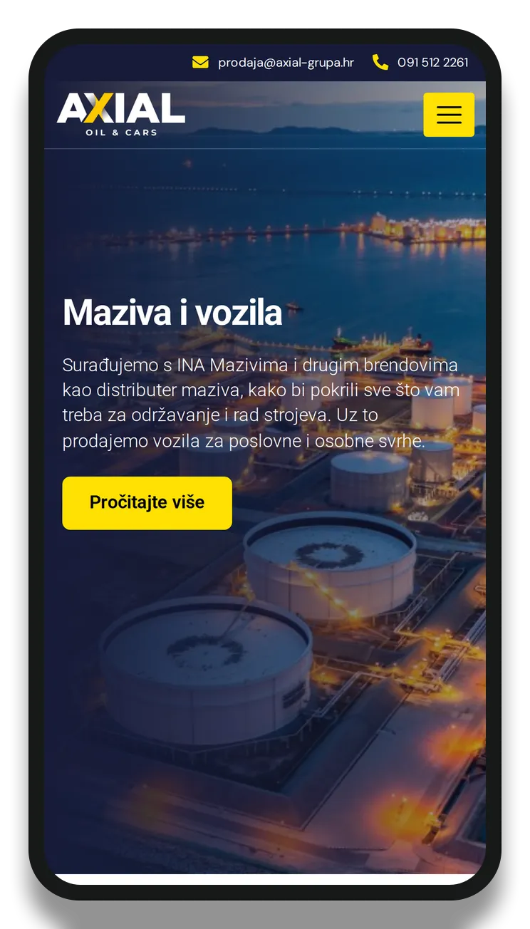 Naslovna stranica Axial Grupa prikazana na mobitelu