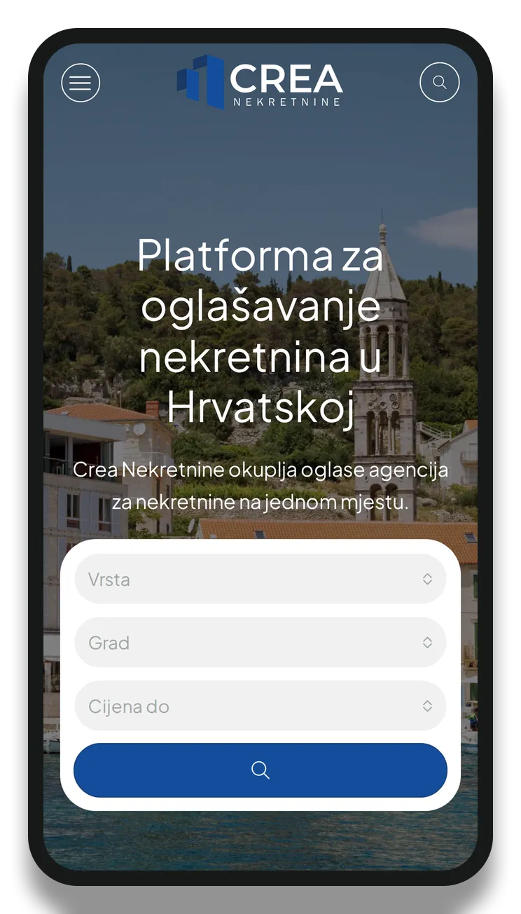 Naslovna stranica Crea Nekretnine prikazana na mobitelu