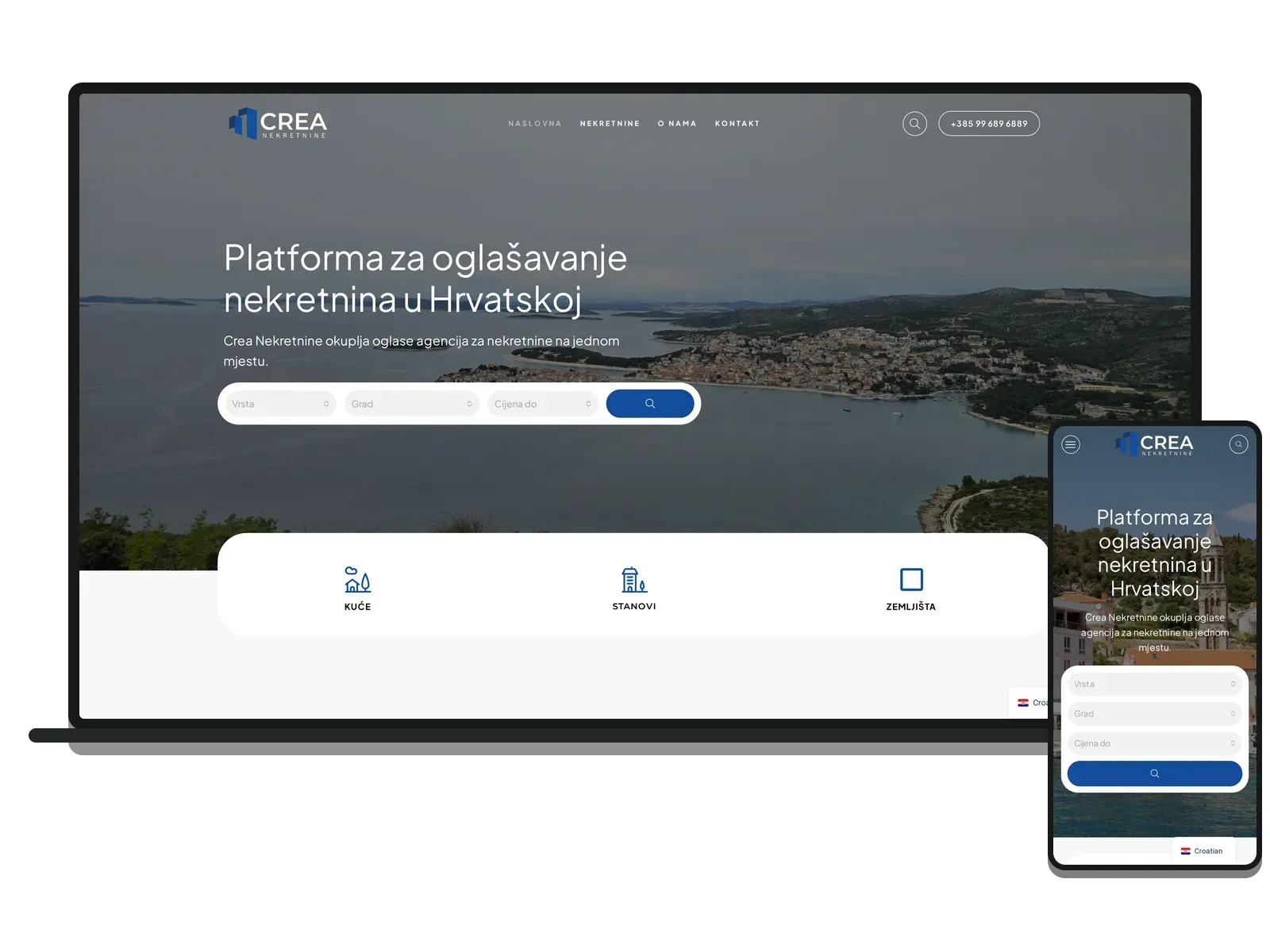 Desktop i mobilni prikaz web stranice: Crea Nekretnine