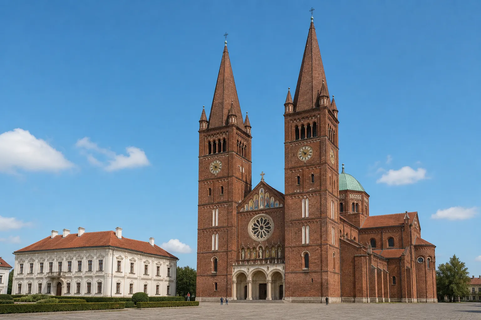 Katedrala svetog Petra u Đakovu s dva tornja od crvene opeke po sunčanom danu