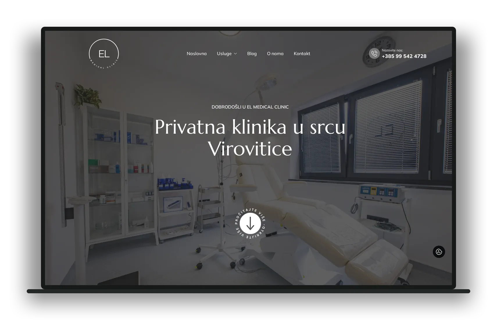Naslovna stranica EL Medical klinike prikazana na laptopu, hero sekcija s naslovom Privatna klinika u srcu Virovitice