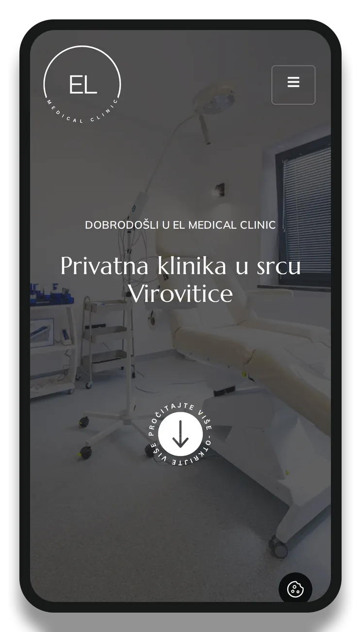 Naslovna stranica EL Medical klinike prikazana na mobitelu, hero sekcija s logotipom i naslovom
