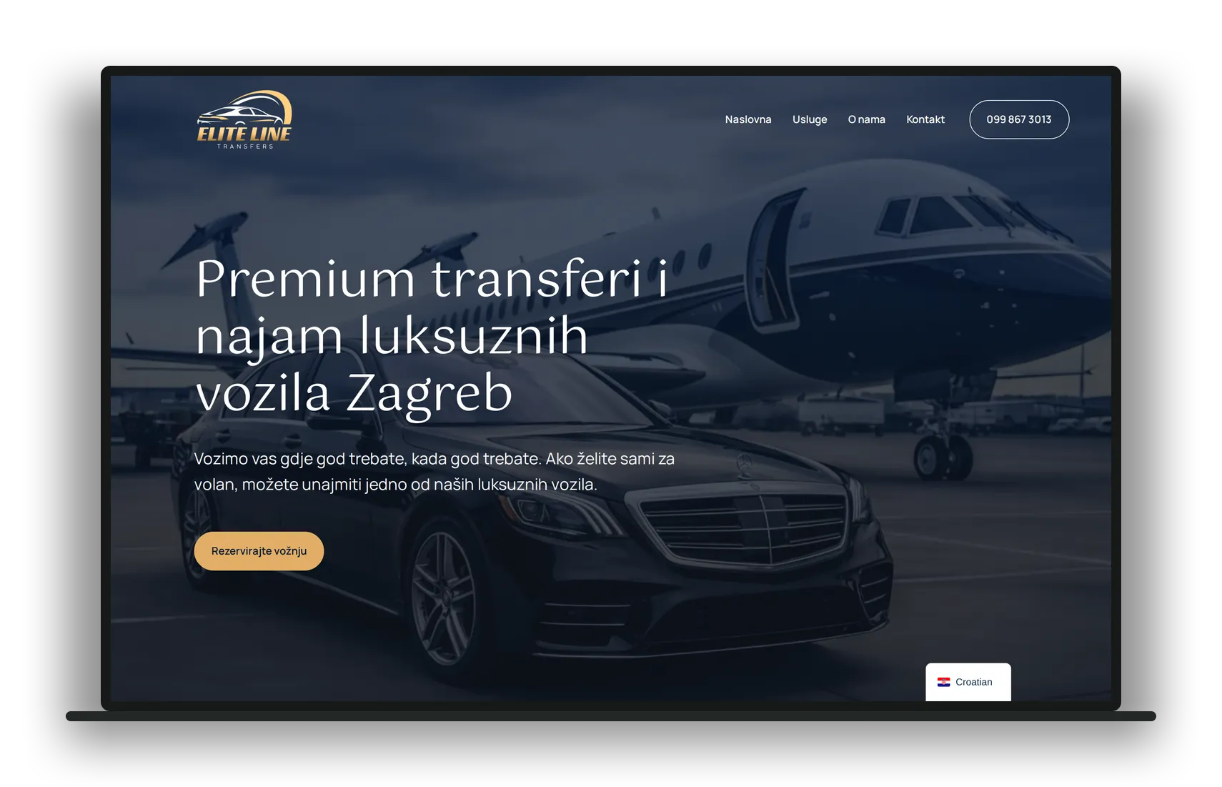 Naslovna stranica Elite Line Transfers prikazana na laptopu, hero sekcija s Mercedesom i naslovom Premium transferi i najam luksuznih vozila Zagreb