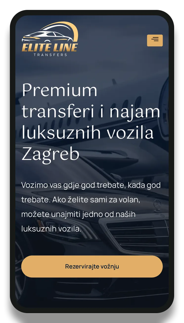 Naslovna stranica Elite Line Transfers prikazana na mobitelu, hero sekcija s logotipom i tipkom Rezervirajte vožnju