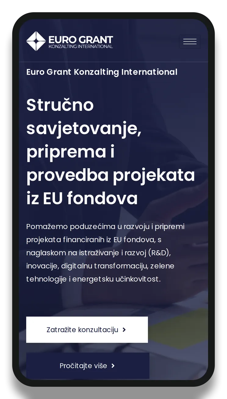 Naslovna stranica Euro Grant Konzalting prikazana na mobitelu