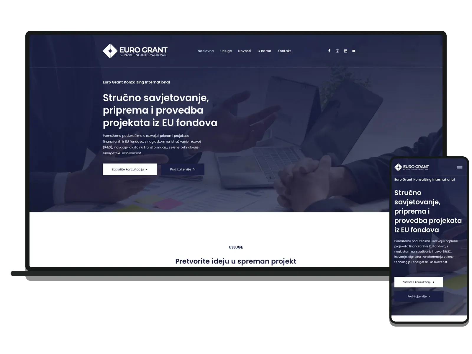 Desktop i mobilni prikaz web stranice: Euro Grant Konzalting