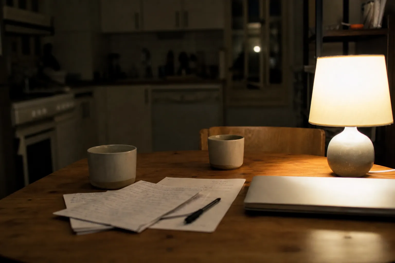 Kuhinjski stol noću s dvije šalice kave, rukom pisanim bilješkama i zatvorenim laptopom pod svjetlom stolne lampe