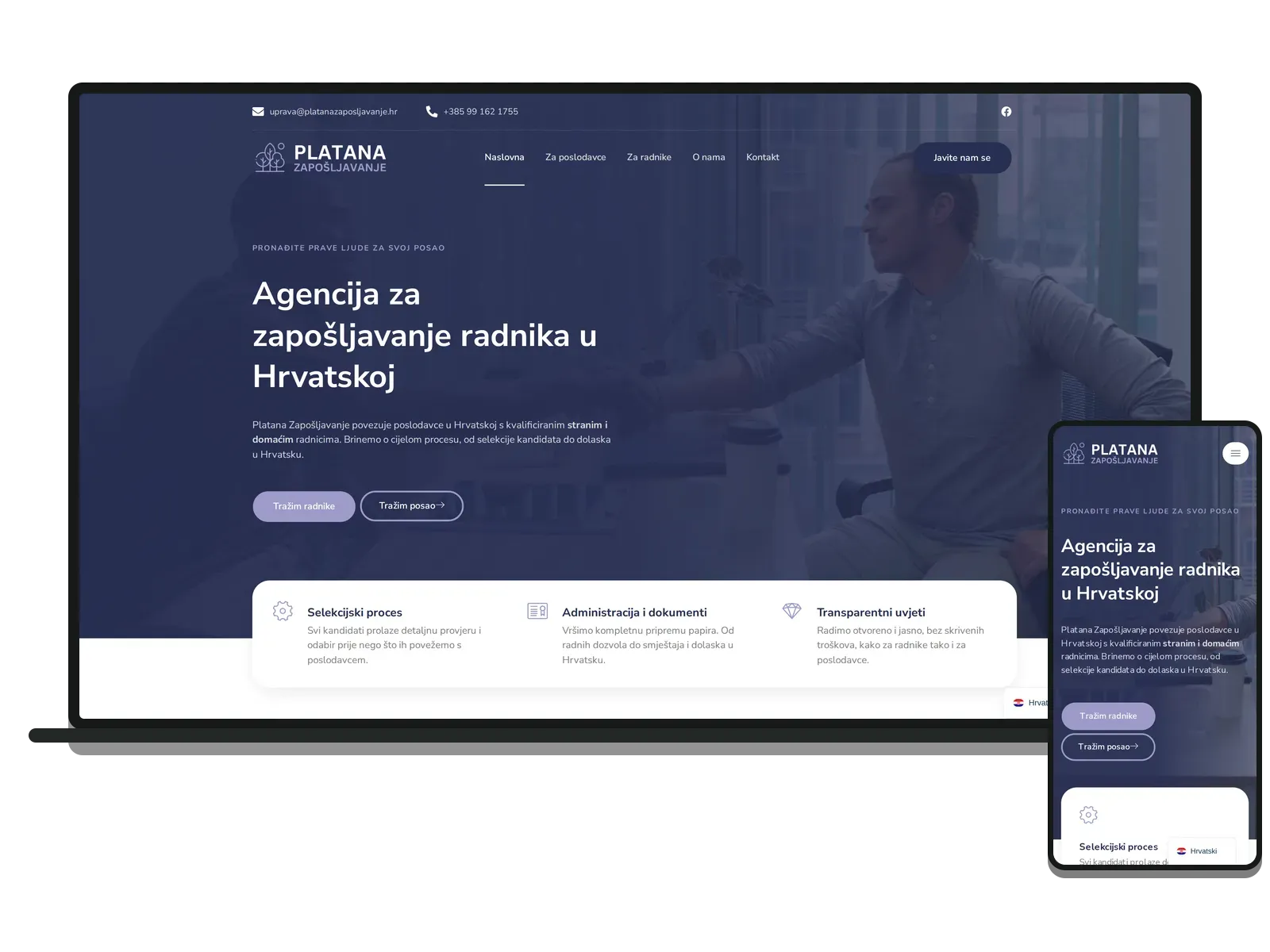 Desktop i mobilni prikaz web stranice: Platana zapošljavanje
