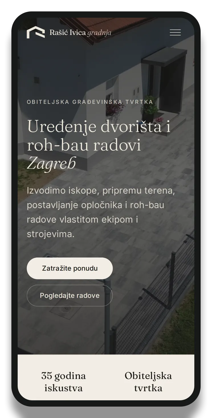Naslovna stranica Rašić Ivica gradnja prikazana na mobitelu