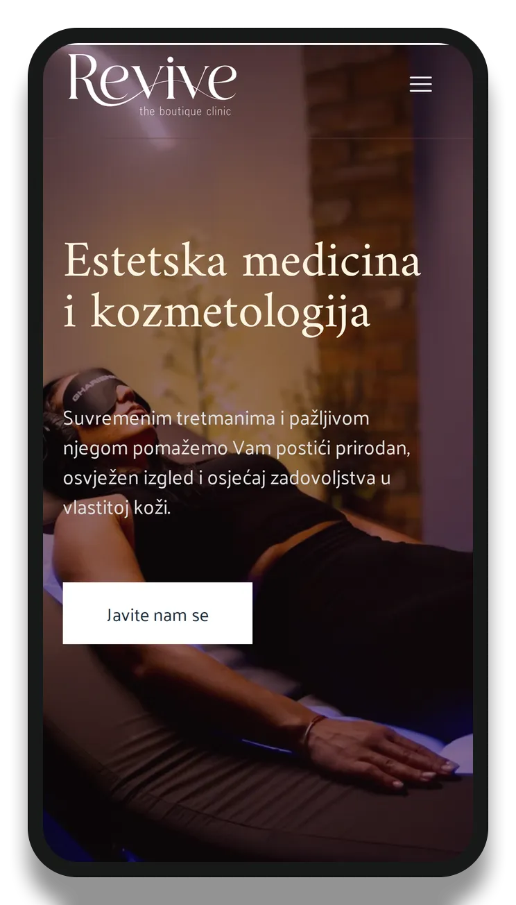 Naslovna stranica Revive Clinic prikazana na mobitelu