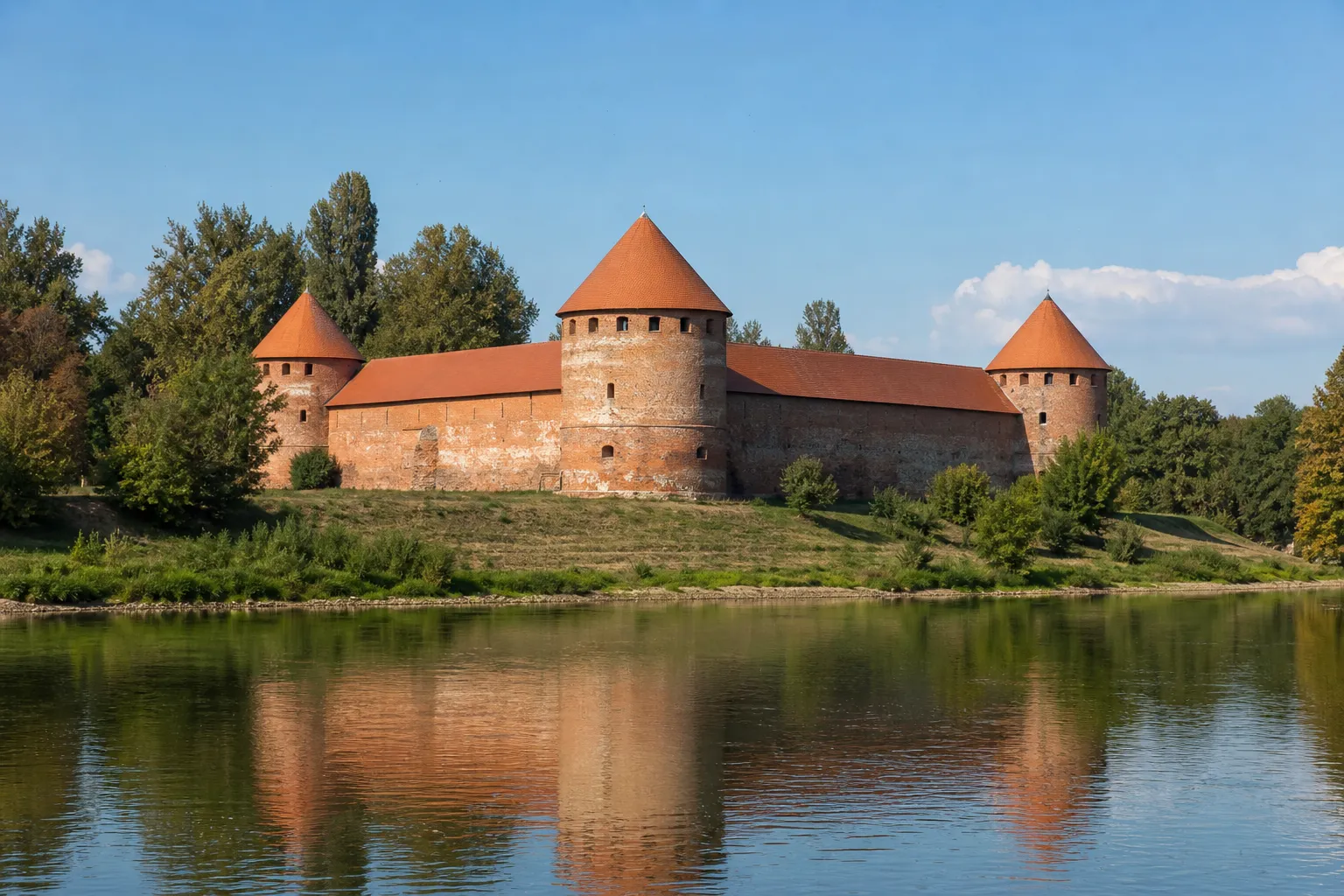 Stari grad Sisak s okruglim kulama od opeke uz rijeku Kupu po sunčanom danu
