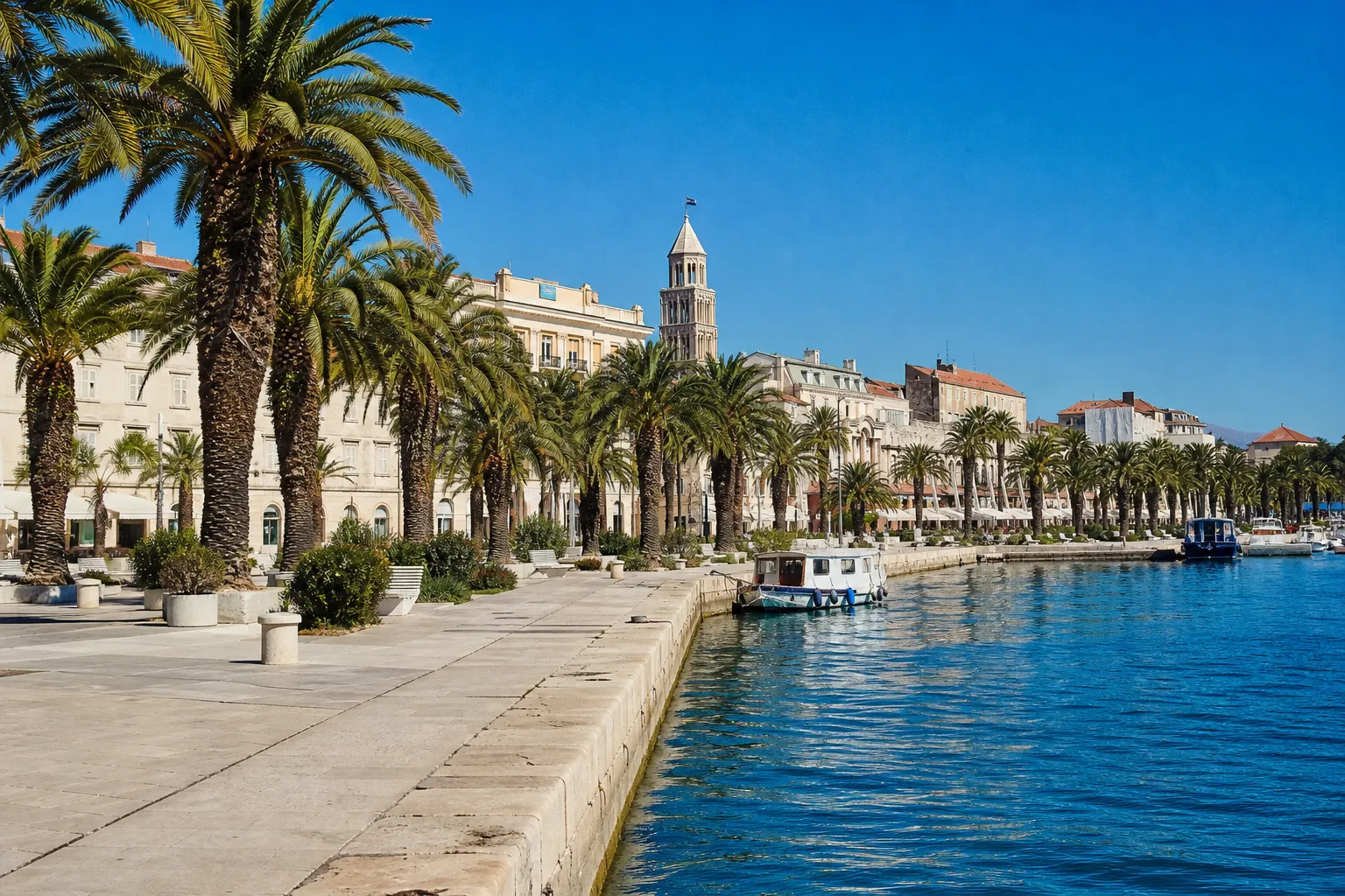 Splitska Riva s palmama i zvonikom Dioklecijanove palače po sunčanom danu