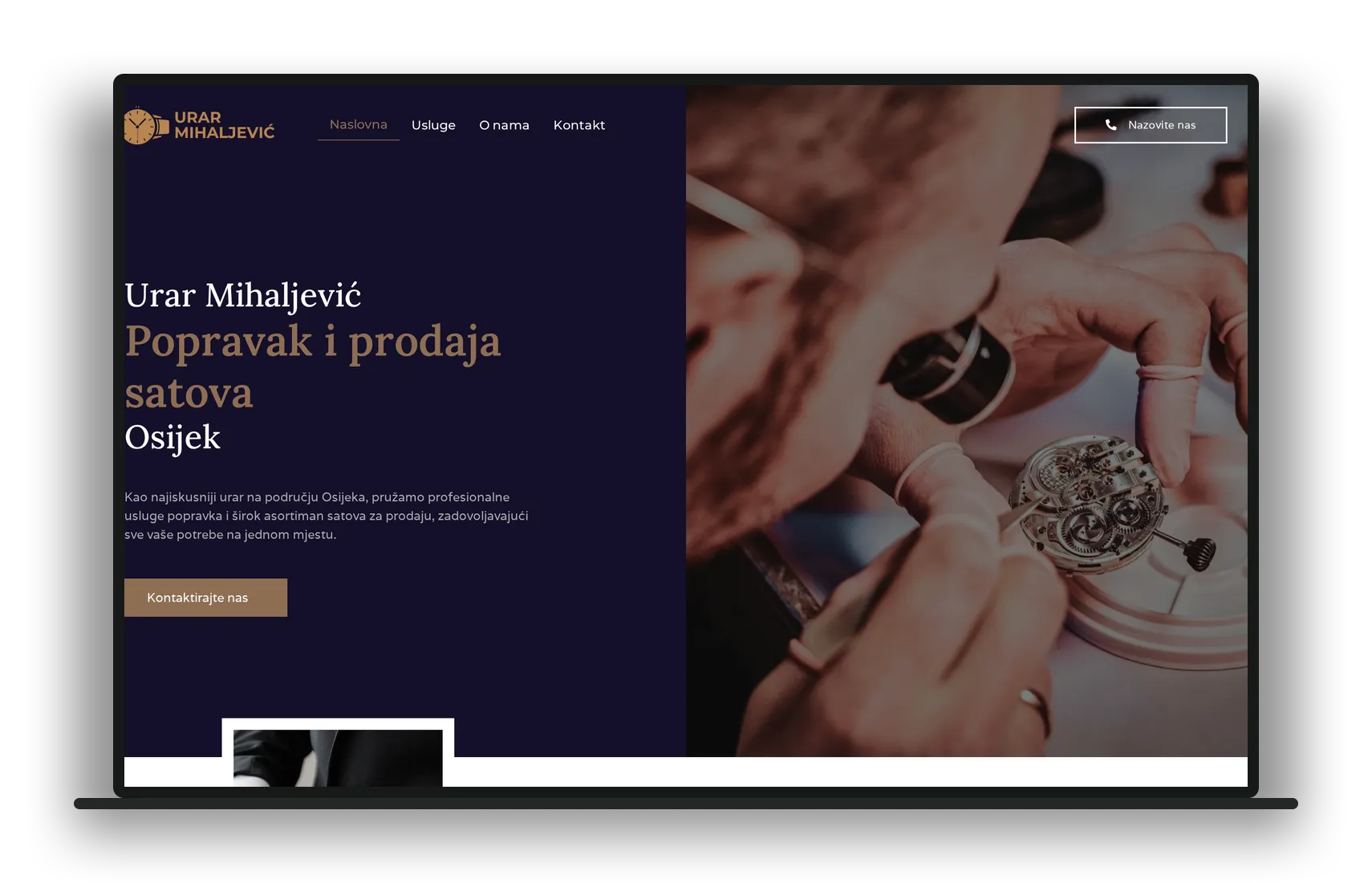 Naslovna stranica Urar Mihaljević prikazana na laptopu